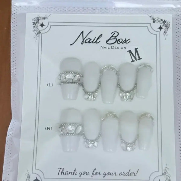[BUNJANG] White Glitter Nail Tips - Medium Size / 화이트 글리터 네일팁 M사이즈