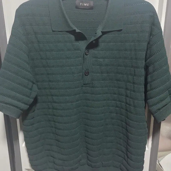 [BUNJANG] Time Homme Embossed Knit Short Sleeve Polo Shirt Dark Green / 타임옴므 엠보싱 니트 반팔 카라티 짙은 녹색