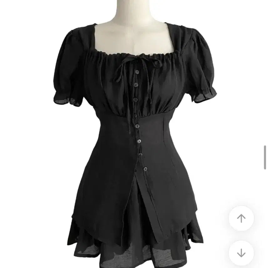 [BUNJANG] Black Puff Sleeve Square Neck Two-Piece Set / 블랙 퍼프 소매 스퀘어넥 투피스 세트