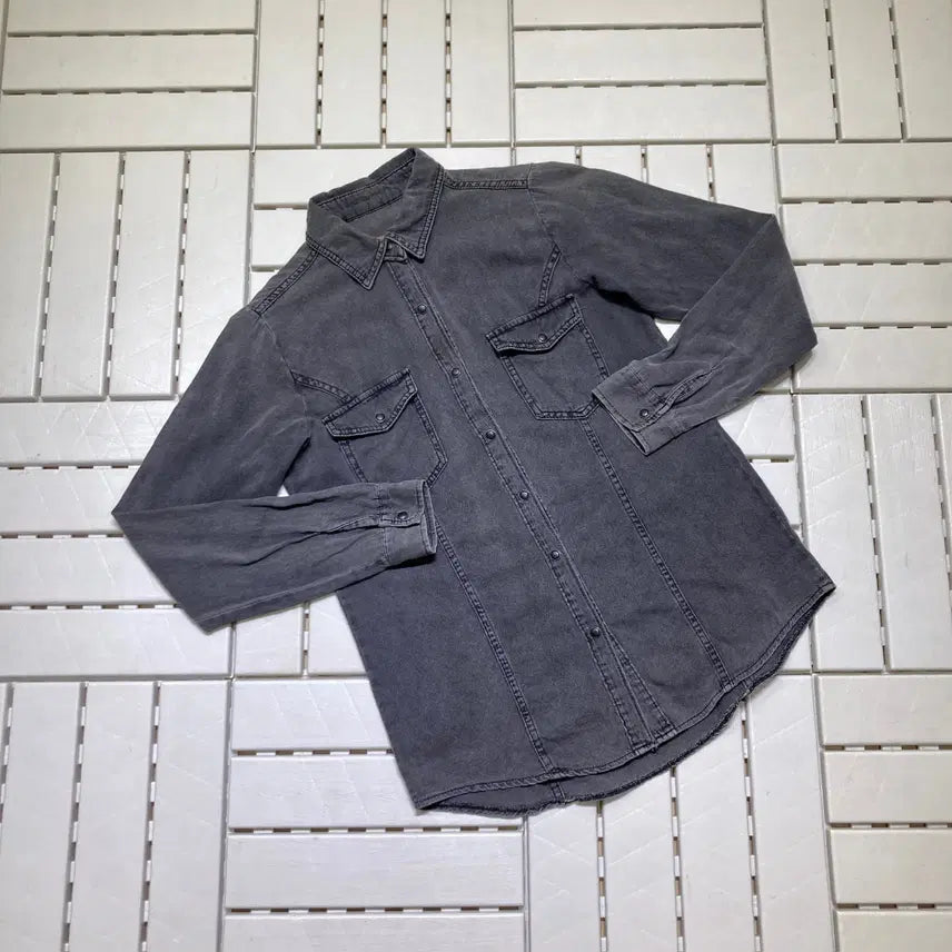 [BUNJANG] Women's Vintage Black Denim Long Sleeve Shirt / [F]여성 빈티지 스냅단추 흑청 긴팔 셔츠 0744
