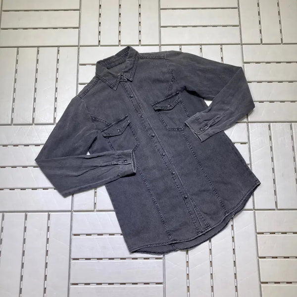 [BUNJANG] Women's Vintage Black Denim Long Sleeve Shirt / [F]여성 빈티지 스냅단추 흑청 긴팔 셔츠 0744