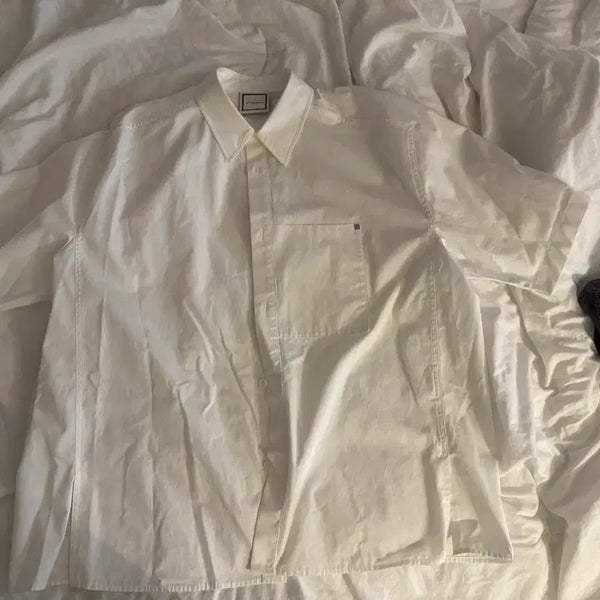 [BUNJANG] Wooyoungmi SS24 Back Logo White Short Sleeve Shirt / 50)24ss 우영미 백로고 화이트 숏 셔츠 반팔셔츠