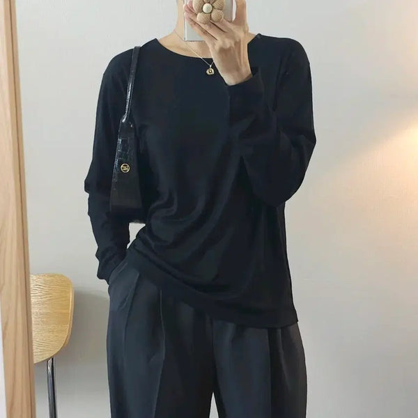 [BUNJANG] Women's Basic Black Round Neck Long Sleeve Top / (F)여성 라운드넥 긴팔 티셔츠 블랙 기본티 이너티 W4769