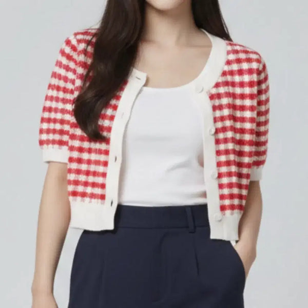 [BUNJANG] 8seconds Red Check Knit Cardigan M / 에잇세컨즈 레드 반팔 체크 니트가디건 M