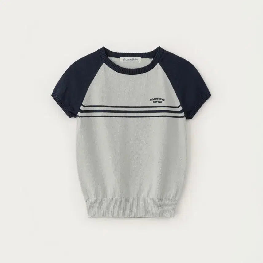 [BUNJANG] Somewhere Better Cony Half Knit Navy Gray Short Sleeve / 썸웨어버터 코니 하프 여름 반팔 라운드 배색 니트 네이비 그레이