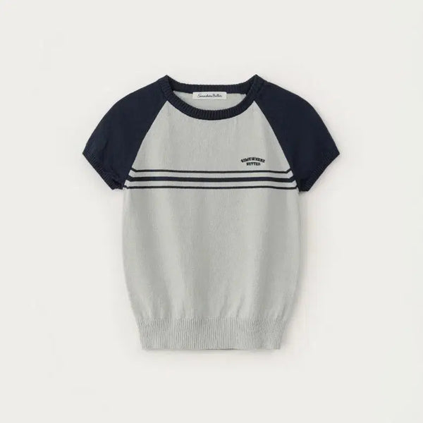 [BUNJANG] Somewhere Better Cony Half Knit Navy Gray Short Sleeve / 썸웨어버터 코니 하프 여름 반팔 라운드 배색 니트 네이비 그레이