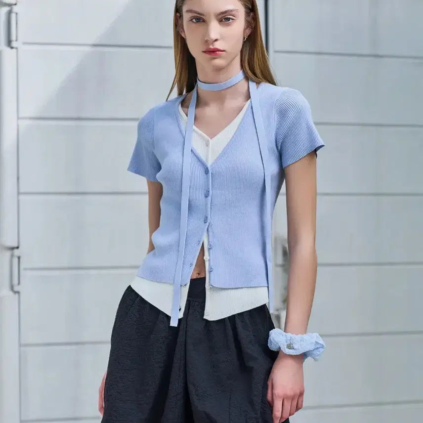 [BUNJANG] General Idea Scarf Layered Short-Sleeve Cardigan Light Blue L / 스카프 레이어드 반팔 가디건