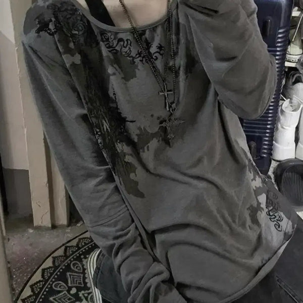 [BUNJANG] Grey Graphic Long Sleeve Shirt / 그레이 그래픽 롱슬리브