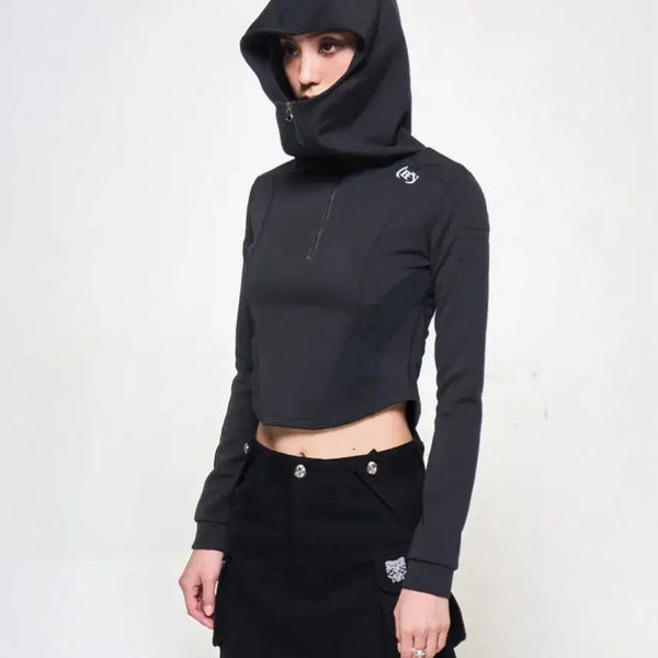 [BUNJANG] YEEL Patch High Neck Hooded Top Bodysuit / YEEL 패치 하이넥 후드탑 후드티셔츠 바디수트