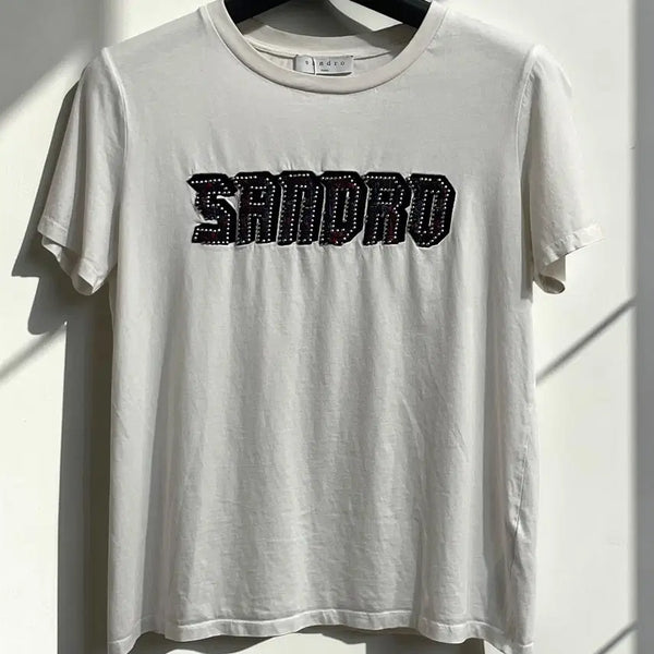 [BUNJANG] Sandro Beaded Logo Short Sleeve T-Shirt White / 산드로 비즈 로고 반팔 티셔츠