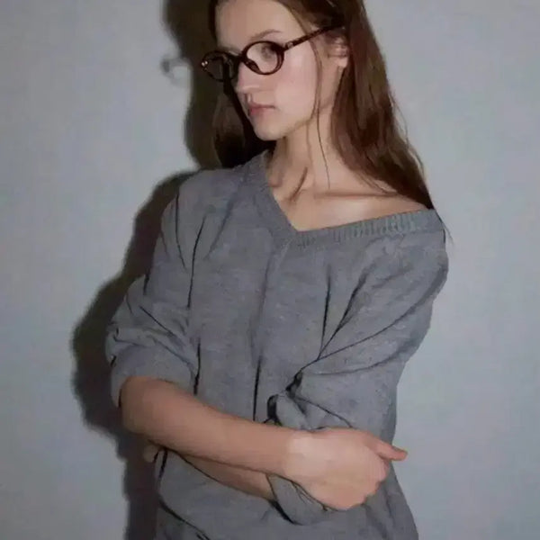 [BUNJANG] Ron Ron Cozy Loose Fit V-Neck Knit - Mélange Grey / 론론 코지 루즈핏 브이넥 니트 멜란지 그레이
