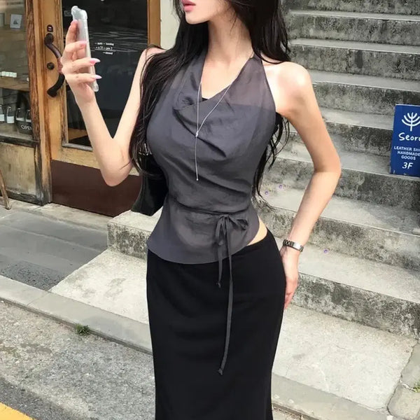 [BUNJANG] Drape Halter Strap & Low Maxi Skirt Set / 새상품) 드레이프 홀터 스트랩 & 로우 맥시 스커트 세트