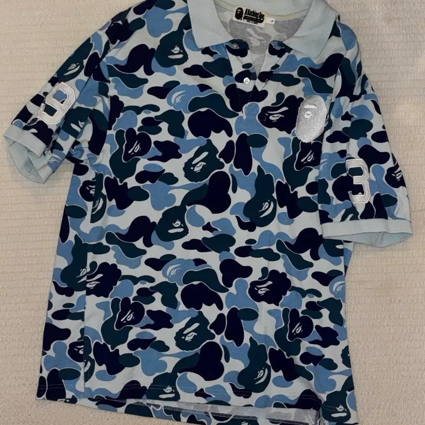 [BUNJANG] Bape Camo Collar Half Sleeve Pique T-Shirt Blue / 베이프 카모 카라 반팔티 피케티 블루