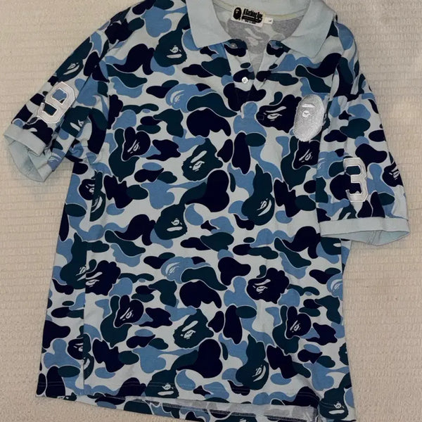 [BUNJANG] Bape Camo Collar Half Sleeve Pique T-Shirt Blue / 베이프 카모 카라 반팔티 피케티 블루