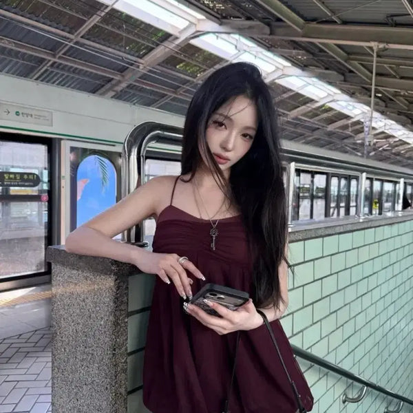 [BUNJANG] Rouge Sleepover Mesh Fluff Mini Top - Wine / 루즈슬립오버 Mesh Fluff Mini Top 와인