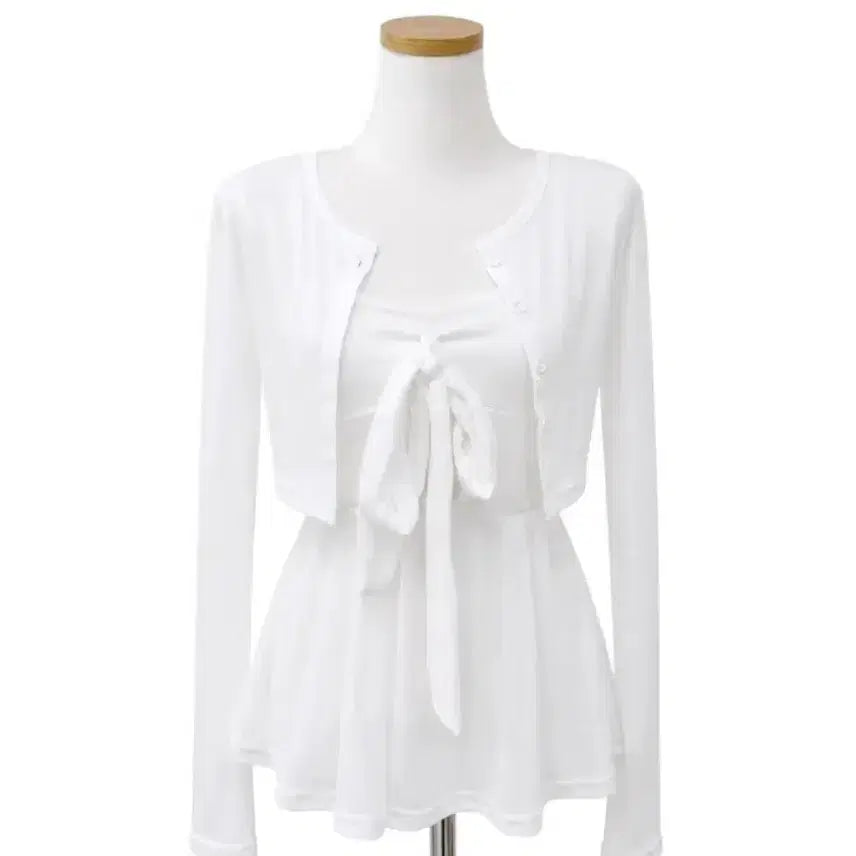 [BUNJANG] Ribbon Frill Sleeveless Top + Cardigan Set / 리본 프릴 나시 + 가디건 세트