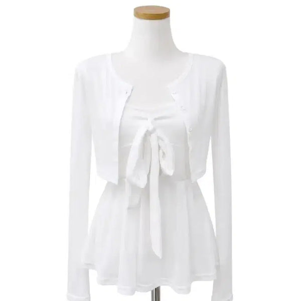 [BUNJANG] Ribbon Frill Sleeveless Top + Cardigan Set / 리본 프릴 나시 + 가디건 세트