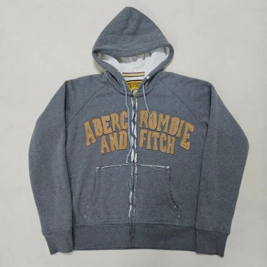 [BUNJANG] Abercrombie & Fitch Grey Spell Out Big Logo Damaged Hoodie Zip-Up / 아베크롬비 그레이 스펠아웃 빅로고 데미지 후드집업 급처