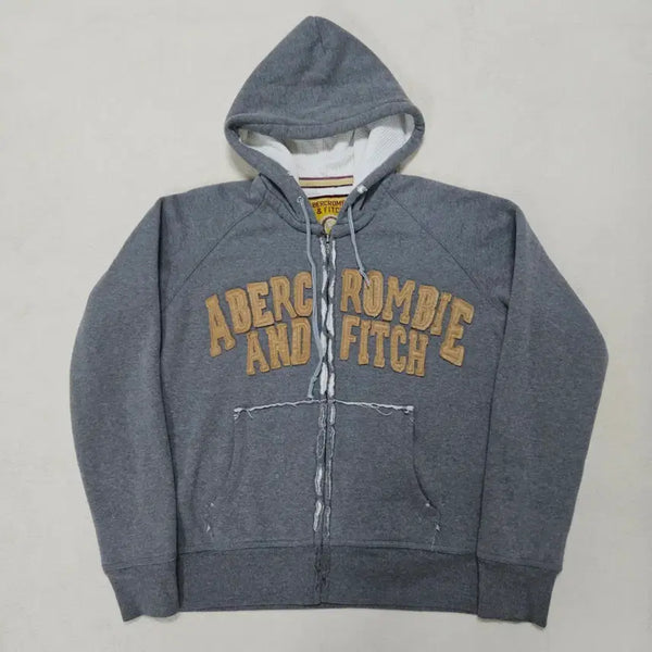 [BUNJANG] Abercrombie & Fitch Grey Spell Out Big Logo Damaged Hoodie Zip-Up / 아베크롬비 그레이 스펠아웃 빅로고 데미지 후드집업 급처