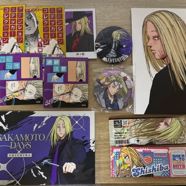 [BUNJANG] Sakamoto Days Shiba Set (Postcard, Can Badge, Original Art Sticker) / 사카모토데이즈 시시바 엽서,캔뱃지,원화스티커 일괄