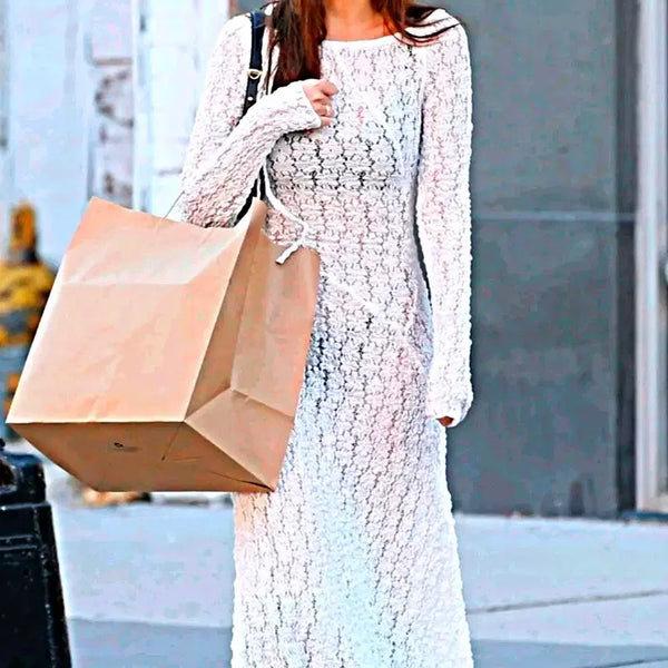 [BUNJANG] White Luxury Lace Long Knit Dress / 화이트 고급 레이스 롱 원피스 니트 드레스 섹시 홀복 클럽룩 파티룩 데이트룩 데일리룩