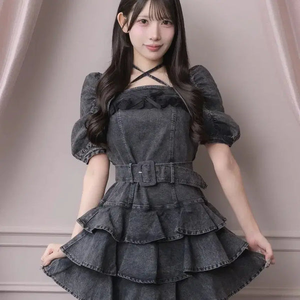 [BUNJANG] Pium Tiered Frill Mini Dress Set-up / pium 피움 데님 티어드 프릴 미니 원피스 셋업 양산형지뢰계허니뮤스나계