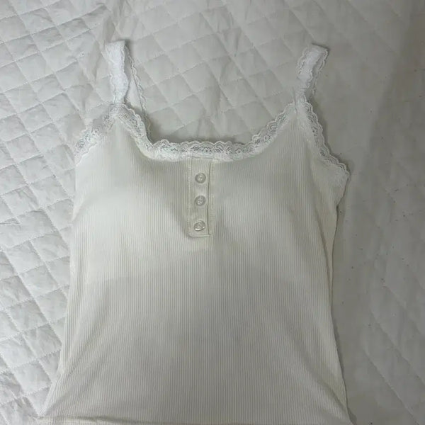 [BUNJANG] Built-in Bra Lace Button Tank Top - Ivory / 캡내장 레이스 버튼 나시