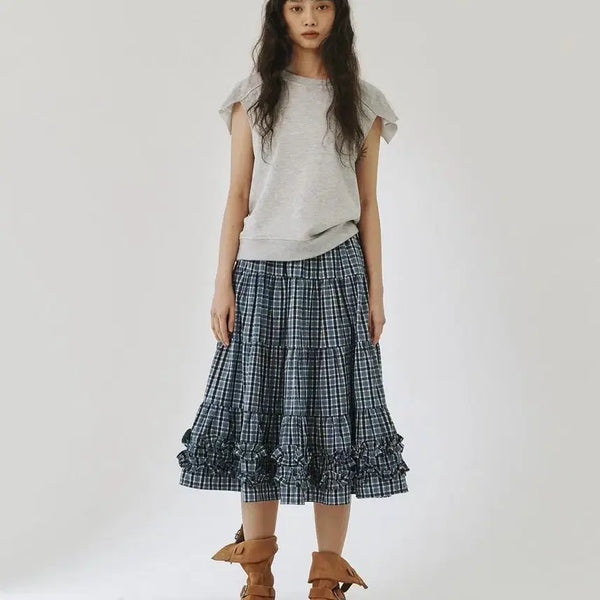 [BUNJANG] Please Project Middle Frill Skirt Blue Check / 플리즈프로젝트 MIDDLE FRILL SKIRT, BLUE CHECK