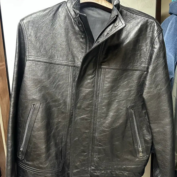 [BUNJANG] Allegri Cracked Leather High Neck Jacket / 알레그리 크랙 가죽 하이넥