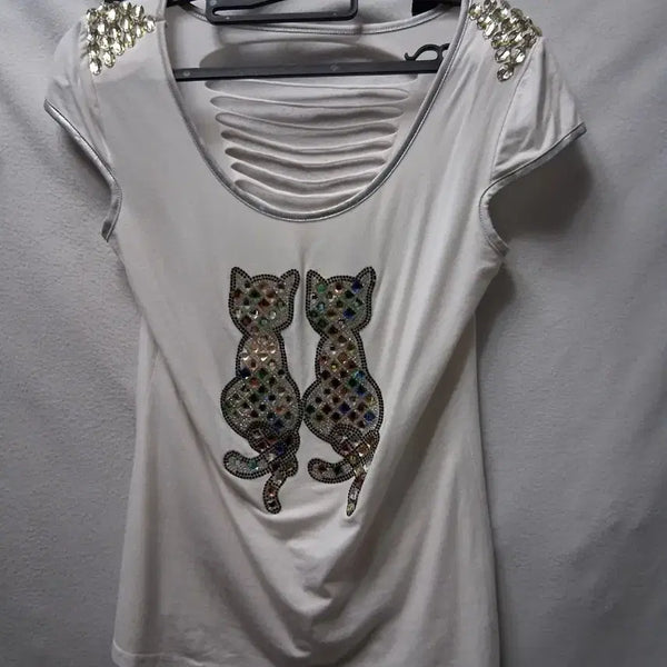 [BUNJANG] Leopard Cat Cubic Cutting Short Sleeve T-Shirt Size 66 / 호피 고양이 큐빅 컷팅 반팔티66