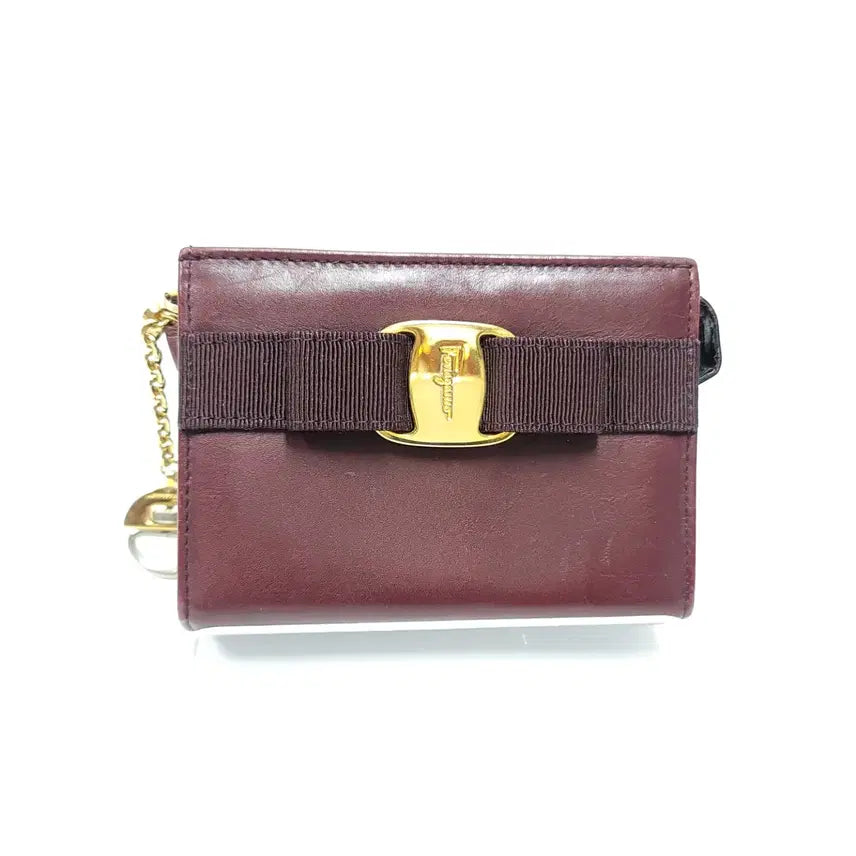 [BUNJANG] Salvatore Ferragamo Vara Bow Gold-Tone Leather Cardholder Keychain Wallet / FERRAGAMO 페레가모 바라리본 금장 카드지갑 키링 반지갑 B840