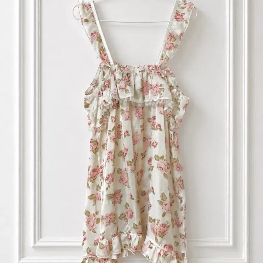 [BUNJANG] Japanese Vintage Rose Satin Frill Cami Blouse / 일본 빈티지 로즈 플라워 새틴 프릴 슬립탑 나시 블라우스