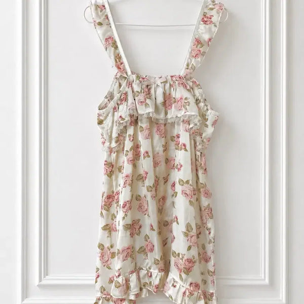 [BUNJANG] Japanese Vintage Rose Satin Frill Cami Blouse / 일본 빈티지 로즈 플라워 새틴 프릴 슬립탑 나시 블라우스