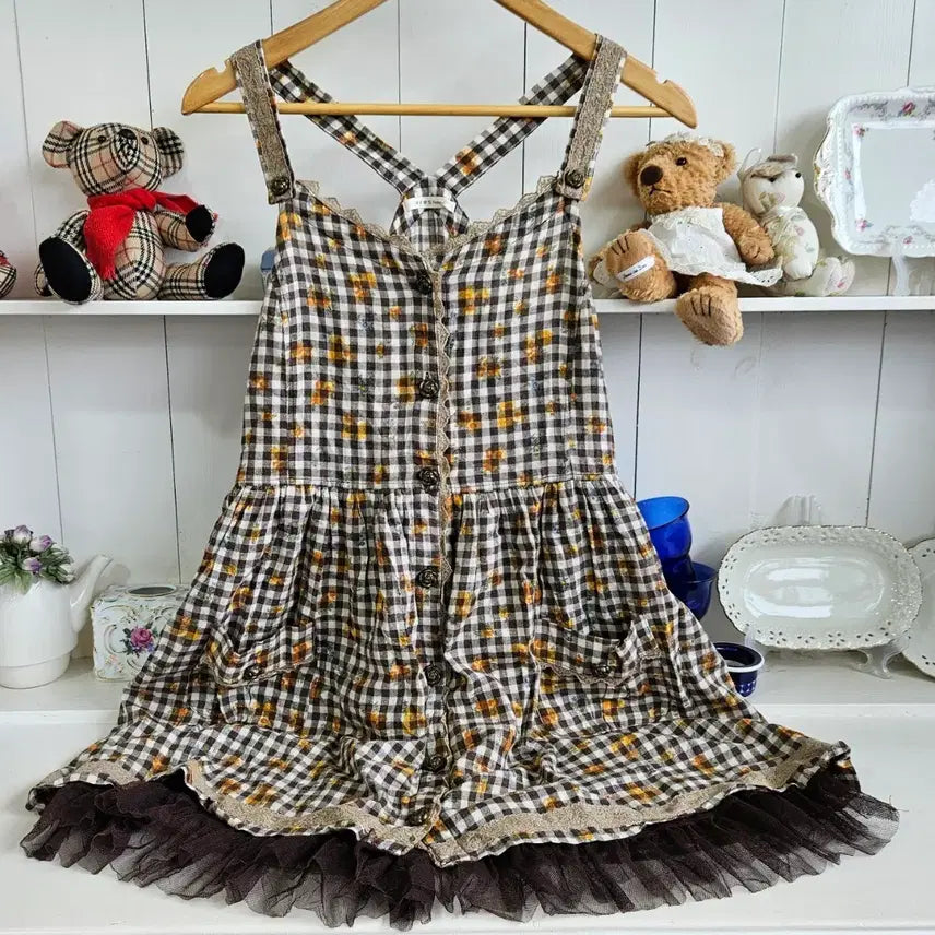 [BUNJANG] axes femme Flower Gingham Check Lace Jumper Skirt Dress / axes femme(엑시즈팜) 플라워 깅엄체크 레이스 점퍼스커트 원피스