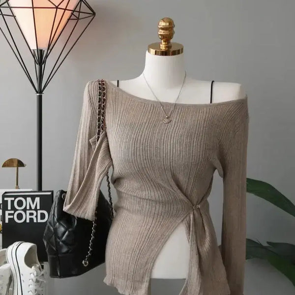 [BUNJANG] Satin Twist Wrap Slim Fit Summer Knit / 새틴 꼬임 랩 디자인 슬림핏 여름 니트