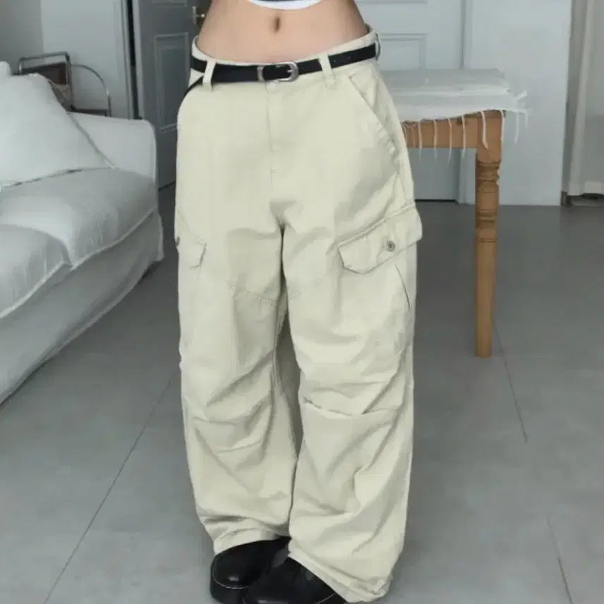 [BUNJANG] Pintuck Cargo Pants (Beige, Size S) / 핀턱 카고 팬츠