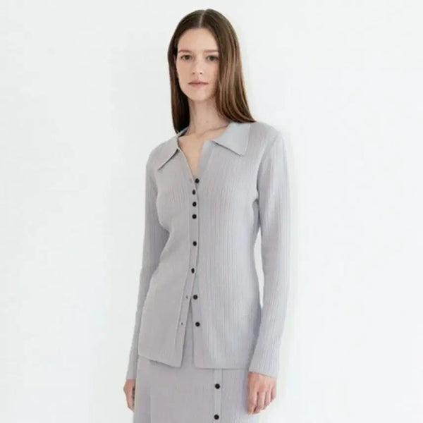 [BUNJANG] LOEUVRE V-Neck Open Collar Slim Knit Cardigan Light Grey / 루에브르(LOEUVRE) V넥 오픈카라 슬림 니트가디건 55 새상품