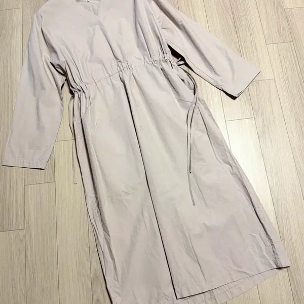 [BUNJANG] VINE Cotton V-Neck Loose Fit String Robe Dress - Beige / 바인 vine 바스락 스트링 원피스 (임부복 임산부 가능) 베이지 코튼 브이넥 루즈핏 로브