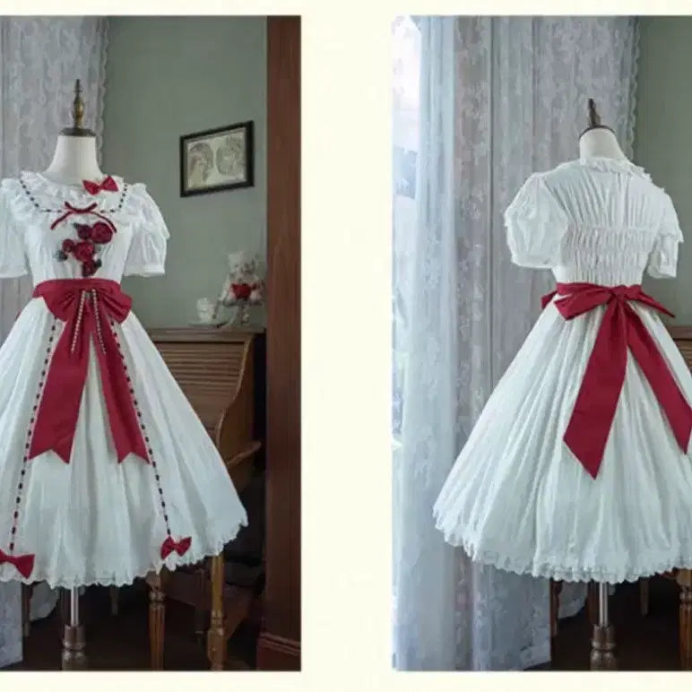 [BUNJANG] Lolita Style White Dress with Red Ribbon and Rose Embellishments / 로리타 원피스 판매합니다
