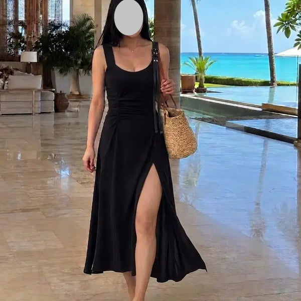 [BUNJANG] Black Long Dress with Asymmetrical Hem and Slit / 블랙 롱 원피스 밑단 트임+언발