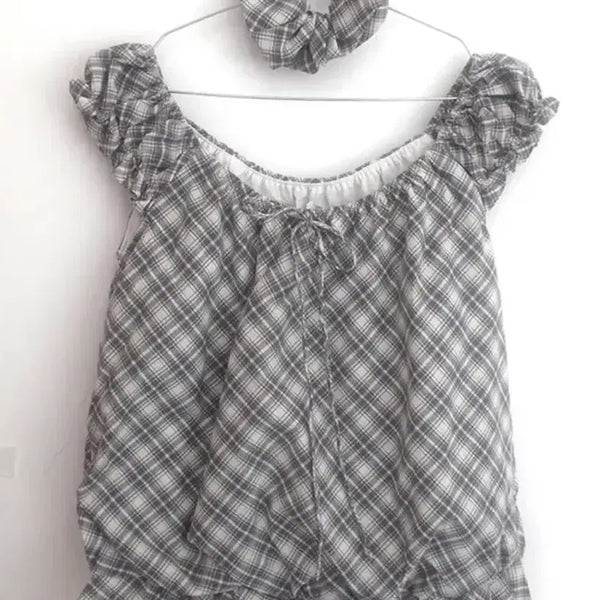 [BUNJANG] Checkered Blouse with Scrunchie Set / 체크 블라우스