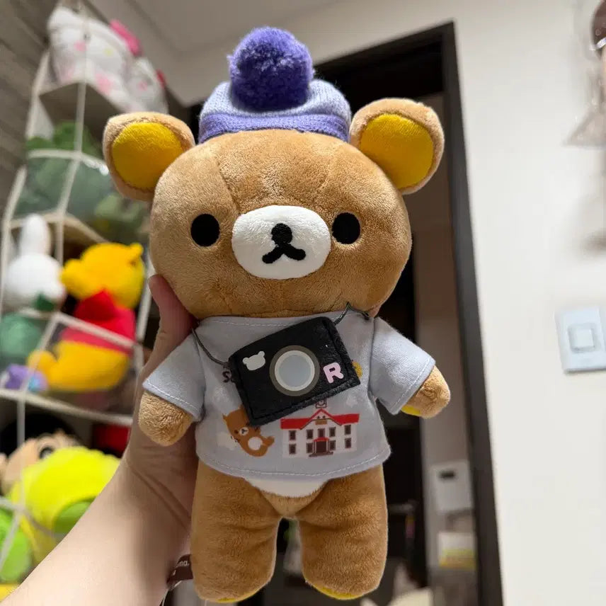 [BUNJANG] Rilakkuma Plush Toy with Purple Beanie and Camera Necklace / 리락쿠마 인형