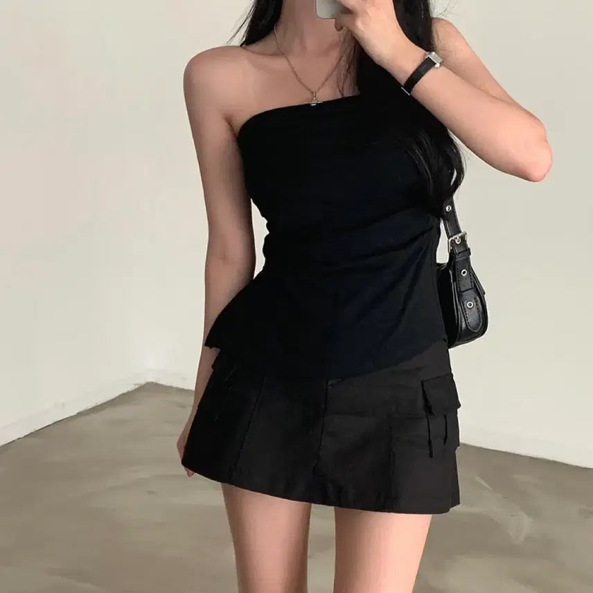 [BUNJANG] Kchima Shirring Asymmetrical Tube Top / 1회착용) 크치마 셔링 언발 튜브탑 (흘러내림x)