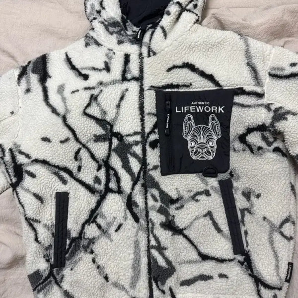 [BUNJANG] Life Work Reversible Fleece Jacket White/Black Pattern / 라이프워크 플리스 자켓 화이트/블랙 패턴