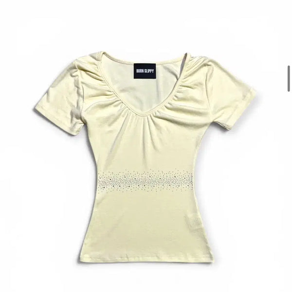 [BUNJANG] Bonsleepy Crystal Line V Shirring Tee (Yellow) / 본슬리피 Crystal Line V Shirring Tee (Yellow)