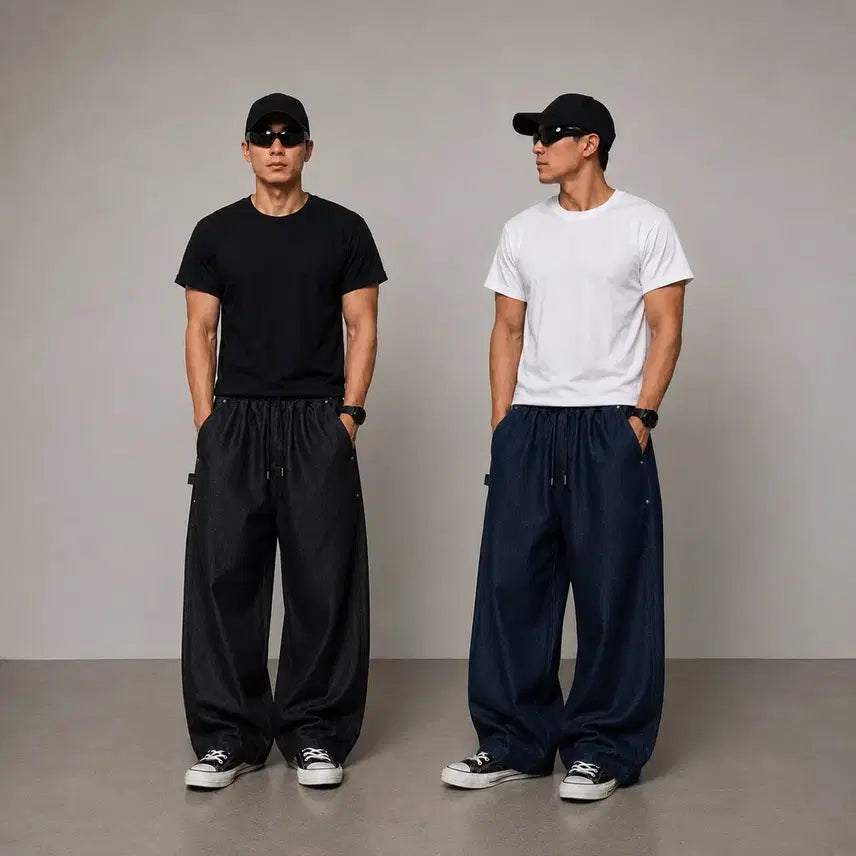[BUNJANG] Rivets Hammerloop Wide Denim Pants (Black-Blue, Dark Blue) 2-Pack / 세제품 2팩) 리벳 헤머루프 와이드 데님 팬츠 (흑청,진청)