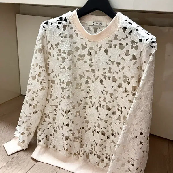 [BUNJANG] C.Holyn Punching Lace Eyelet Sweatshirt / 씨호린 c.holyn 펀칭 레이스 아일렛 맨투맨 티셔츠 시스루 로맨스 스웻셔츠 mtm 아이보리