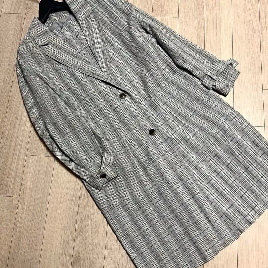[BUNJANG] G-cut Linen Blend Trench Coat - Grey Beige Check / 지컷 G-cut 린넨 혼방 트렌치 롱자켓 그레이 베이지 체크 코트 간절기 봄여름