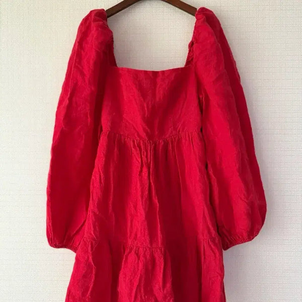 [BUNJANG] Vintage Puff Sleeve Square Neck Mini Dress / 빈티지 퍼프소매 스퀘어넥 레드 미니원피스