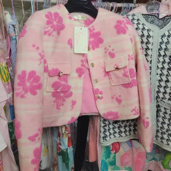 [BUNJANG] Pink Flower Pattern Tweed Jacket / 핑크 플라워 패턴 트위드 자켓 수입